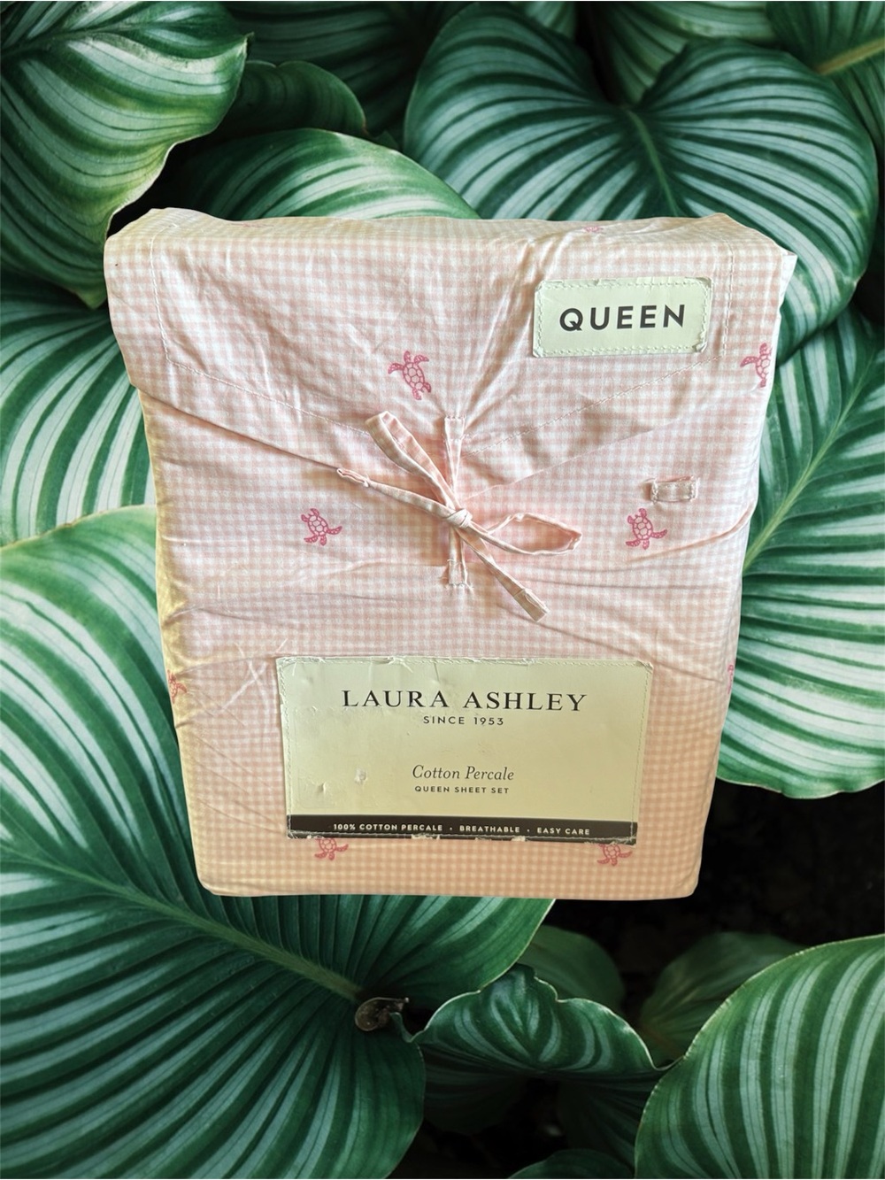 Laura Ashley Pink Gingham with Turtles Queen Size Sheet Set 100% Cotton Percale